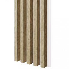 Akustický panel, podklad bílá MDF deska, široká lamela, Evropský dub, 30x275 cm