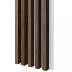 Akustický panel, podklad bílá MDF deska, široká lamela, ořech, 30x275 cm
