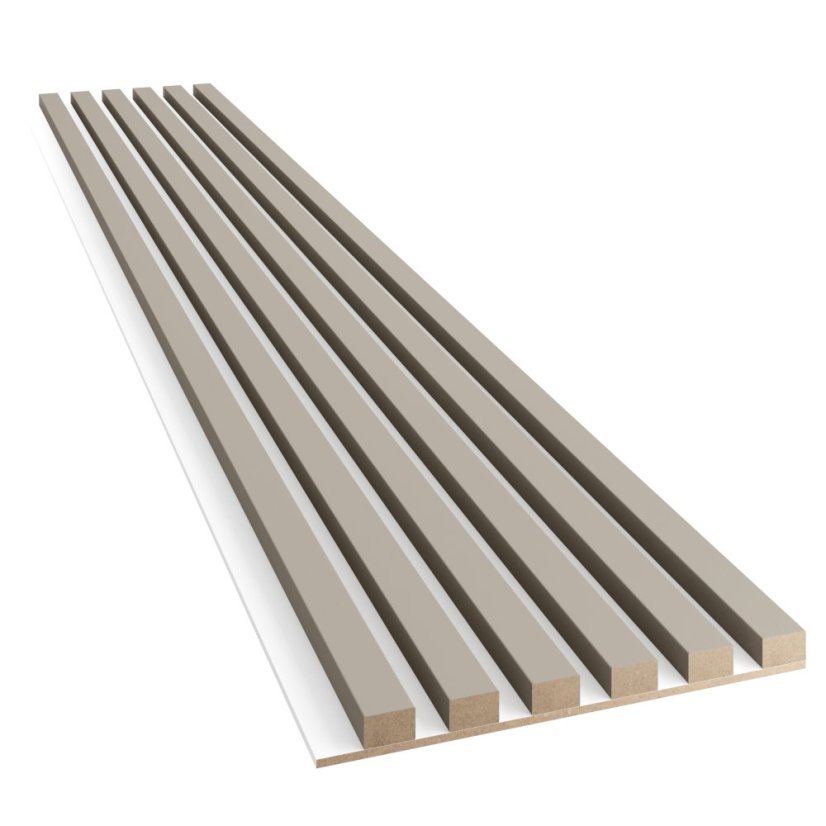 Akustický panel, podklad bílá MDF deska, úzká lamela, pískově béžová, 30x275 cm