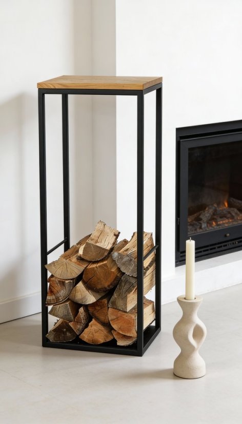 Kovový stojan na drevo Torre s masívnou dubovou doskou