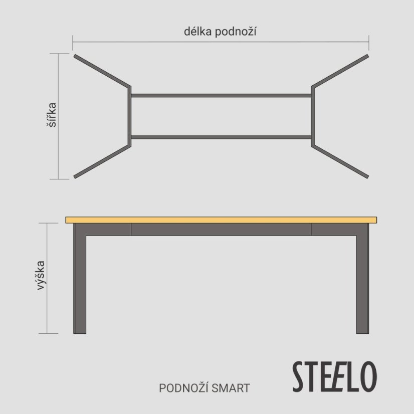 Podnožie k jedálenskému stolu Smart s podperami - Pôdorysné rozmery konštrukcie: 1300 x 600