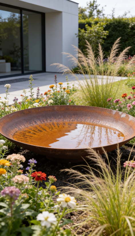 Zahradní cortenová mísa na vodu bez otvoru