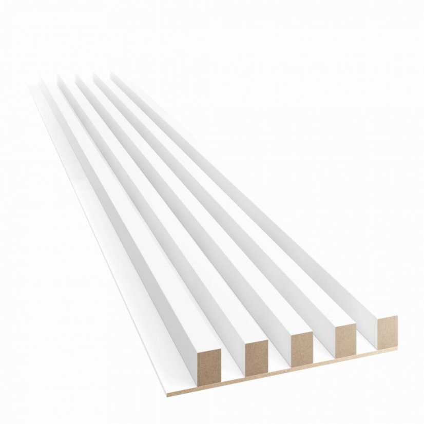 Akustický panel, podklad bílá MDF deska, široká lamela, bílý mat, 30x275 cm