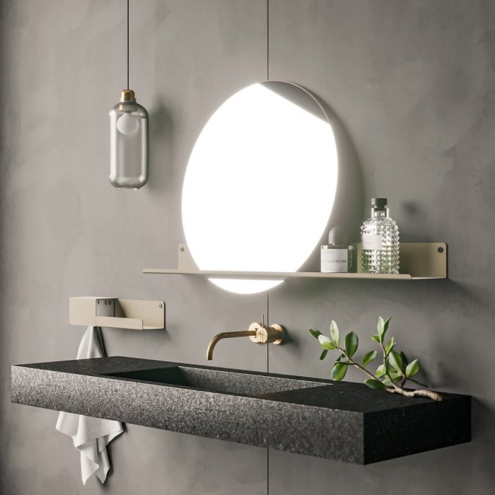 Kúpeľňové zrkadlo s kovovou policou London pieskovo šedé - Veľkosť: L