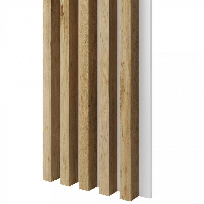 Akustický panel, podklad bílá MDF deska, široká lamela, dub Wotan, 30x275 cm
