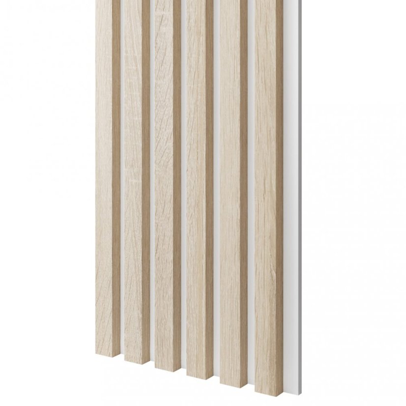 Akustický panel, podklad bílá MDF deska, úzká lamela, dub Sonoma, 30x275 cm