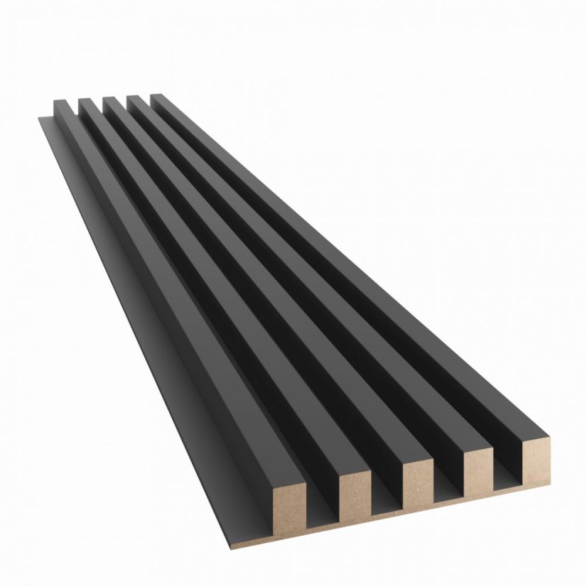 Akustický panel, podklad MDF deska, široká lamela, černý mat, 30x275 cm
