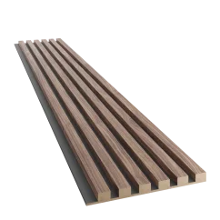 Akustický panel, podklad černá MDF deska, úzká lamela, dýha Americký ořech, 30x275 cm