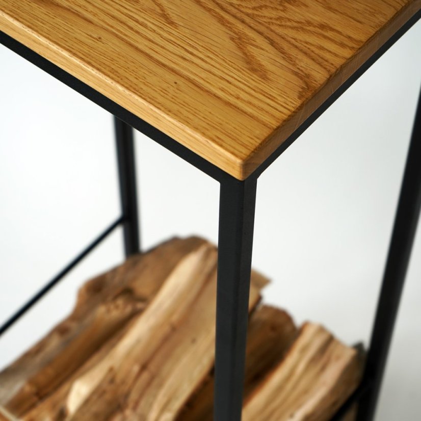 Kovový stojan na drevo Torre s masívnou dubovou doskou