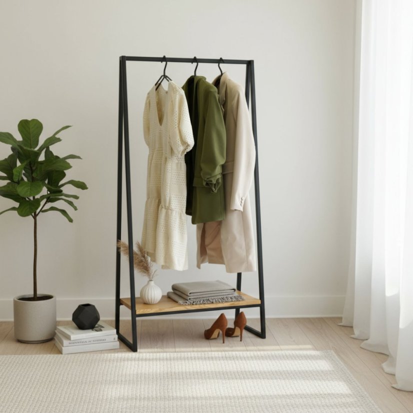 Kovový stojan na oblečenie Vito s masívnou dubovou doskou