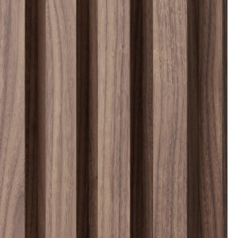 Akustický panel, podklad MDF deska, úzká lamela, celý panel - dýha Americký ořech, 30x275 cm