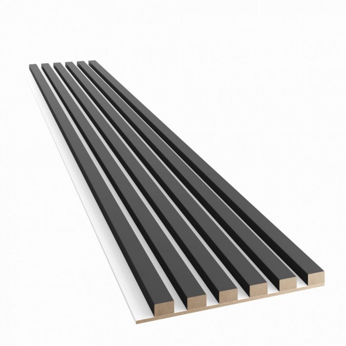 Akustický panel, podklad bílá MDF deska, úzká lamela, černý mat, 30x275 cm