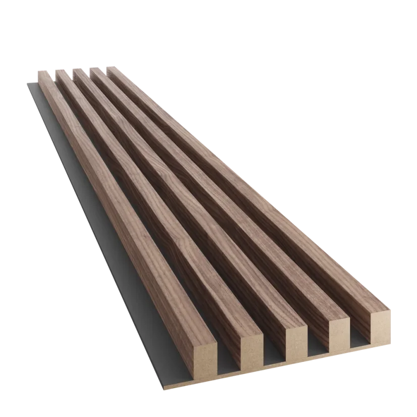 Akustický panel, podklad MDF deska, široká lamela, dýha Americký ořech, 30x275 cm