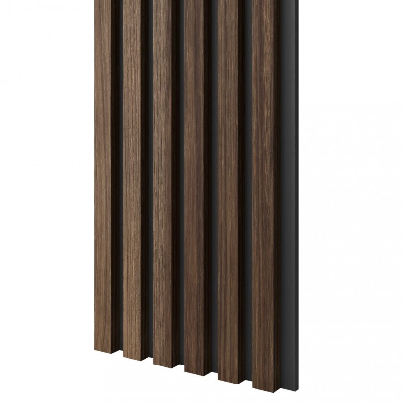 Akustický panel, podklad MDF deska, úzká lamela, ořech, 30x275 cm