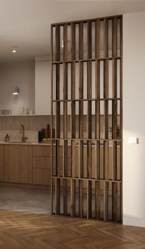 Lamelová dělící stěna Japandi, kompletní sada, výška a šířka dle výběru, ořech