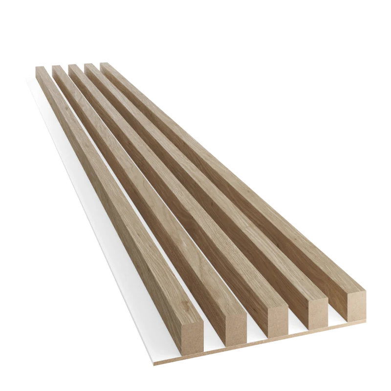 Akustický panel, podklad bílá MDF deska, široká lamela, dub Natura, 30x275 cm