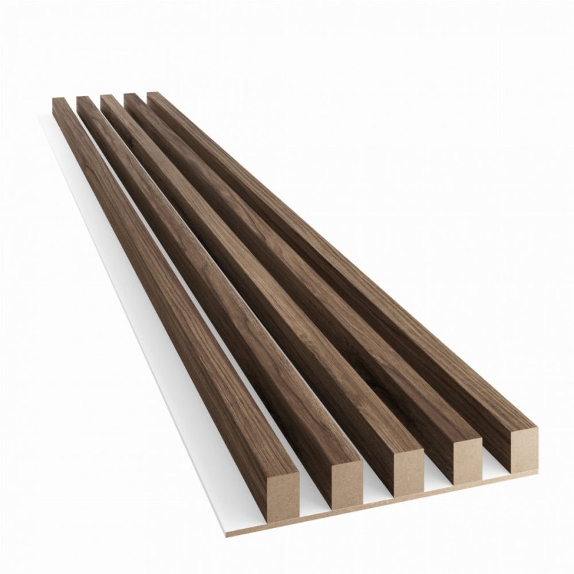Akustický panel, podklad bílá MDF deska, široká lamela, ořech, 30x275 cm