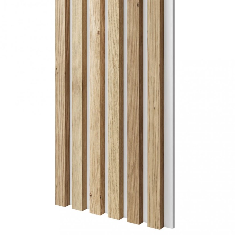Akustický panel, podklad bílá MDF deska, úzká lamela, dubová dýha, 30x275 cm