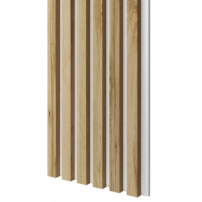 Akustický panel, podklad bílá MDF deska, úzká lamela, dub Wotan, 30x275 cm