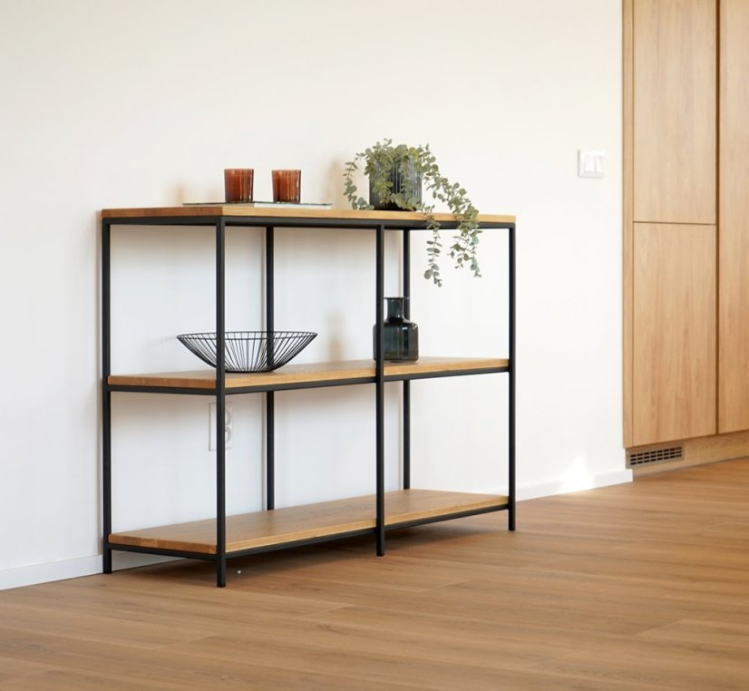 Kovový regál Trio s masívnymi dubovými doskami