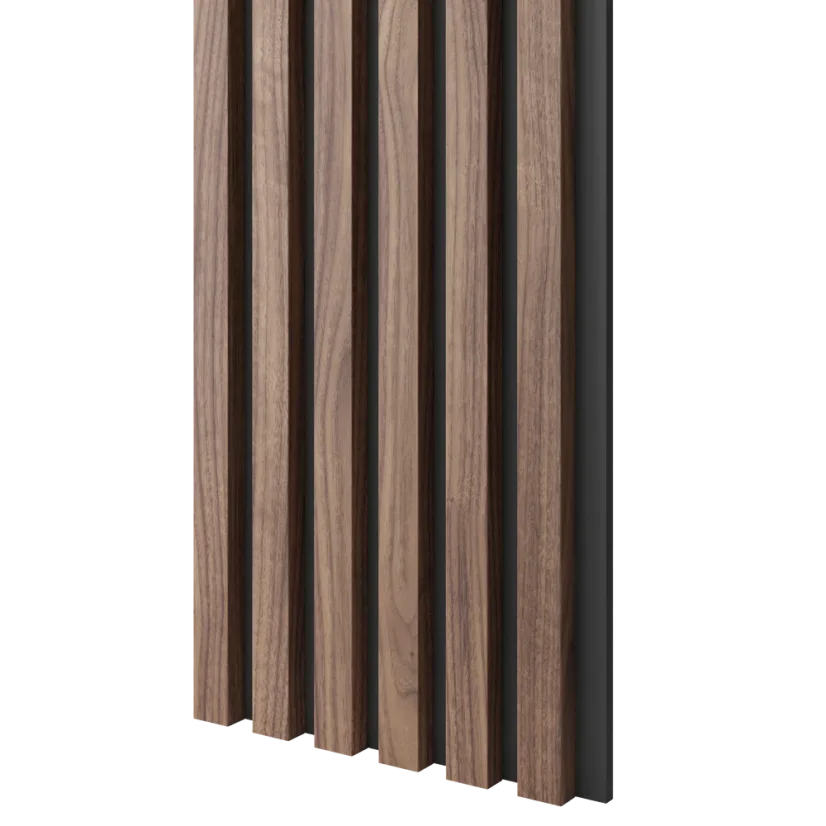 Akustický panel, podklad černá MDF deska, úzká lamela, dýha Americký ořech, 30x275 cm