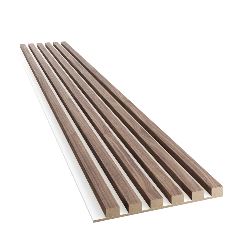 Akustický panel, podklad bílá MDF deska, úzká lamela, dýha Americký ořech, 30x275 cm