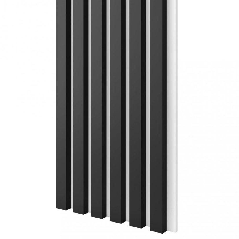 Akustický panel, podklad bílá MDF deska, úzká lamela, černý mat, 30x275 cm