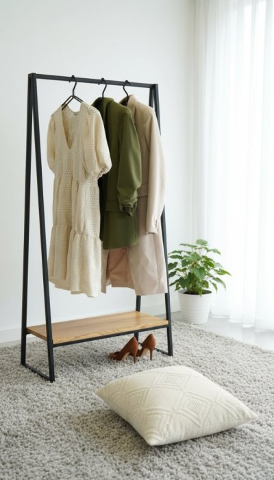 Kovový stojan na oblečenie Vito s masívnou dubovou doskou