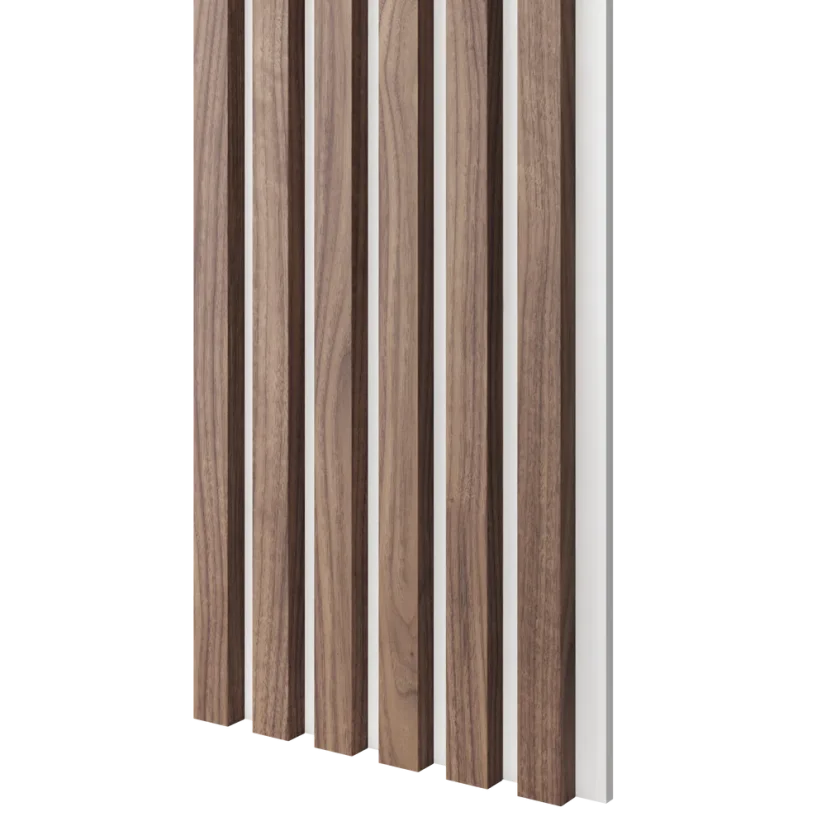Akustický panel, podklad bílá MDF deska, úzká lamela, dýha Americký ořech, 30x275 cm