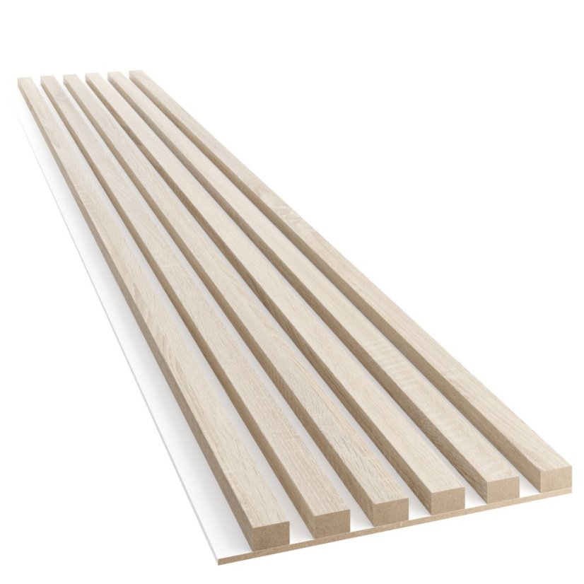 Akustický panel, podklad bílá MDF deska, úzká lamela, dub Sonoma, 30x275 cm