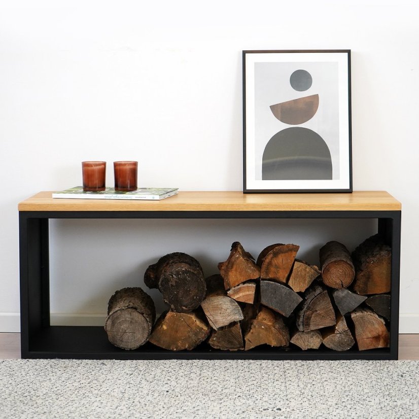 Stojan na drevo Varme s lavicou s dubovou doskou