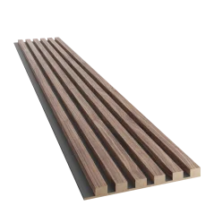 Akustický panel, podklad černá MDF deska, úzká lamela, dýha Americký ořech, 30x275 cm