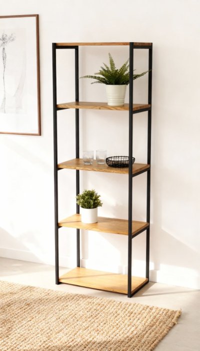 Regál Tower s masívnymi dubovými doskami