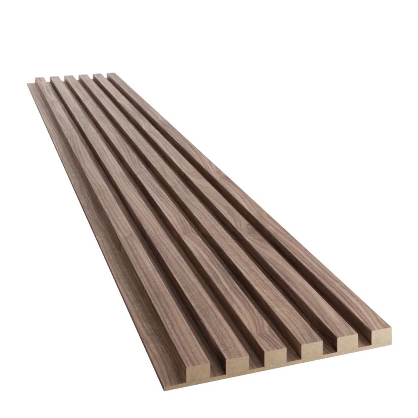 Akustický panel, podklad MDF deska, úzká lamela, celý panel - dýha Americký ořech, 30x275 cm