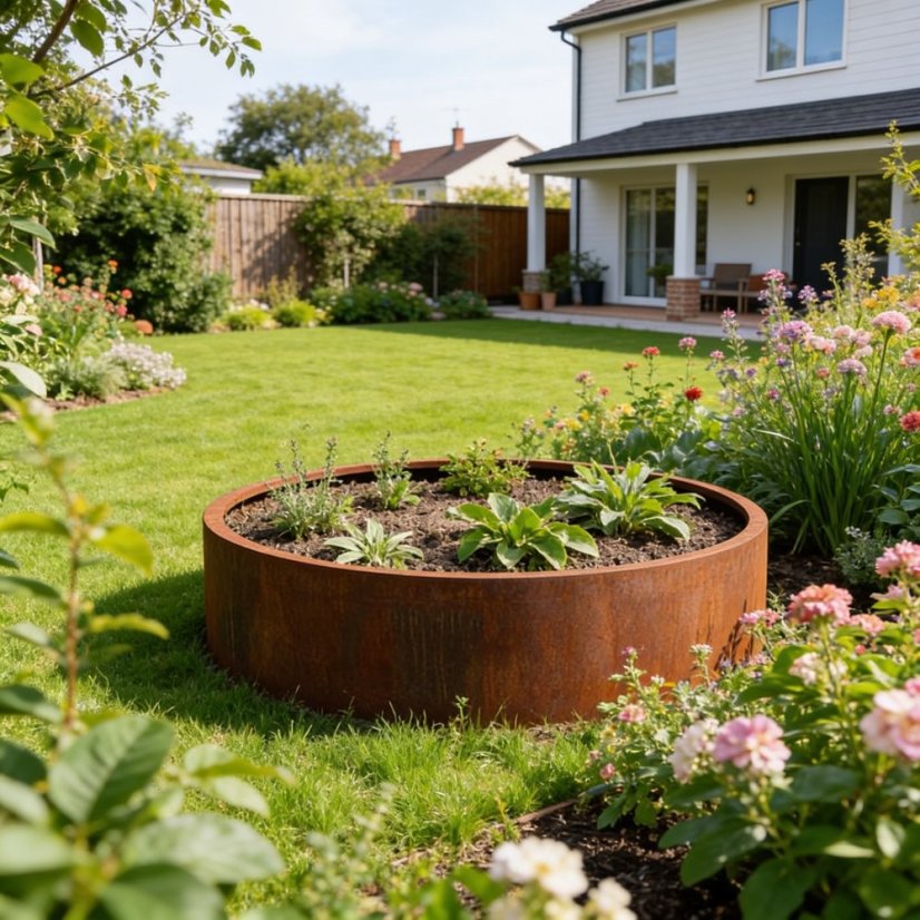 Cortenový vyvýšený záhon kulatý