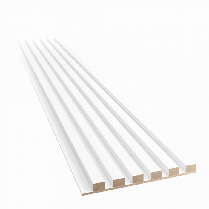 Akustický panel, podklad bílá MDF deska, úzká lamela, bílý mat, 30x275 cm