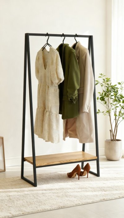Kovový stojan na oblečenie Vito s masívnou dubovou doskou
