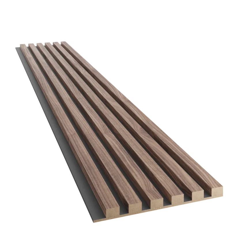 Akustický panel, podklad černá MDF deska, úzká lamela, dýha Americký ořech, 30x275 cm
