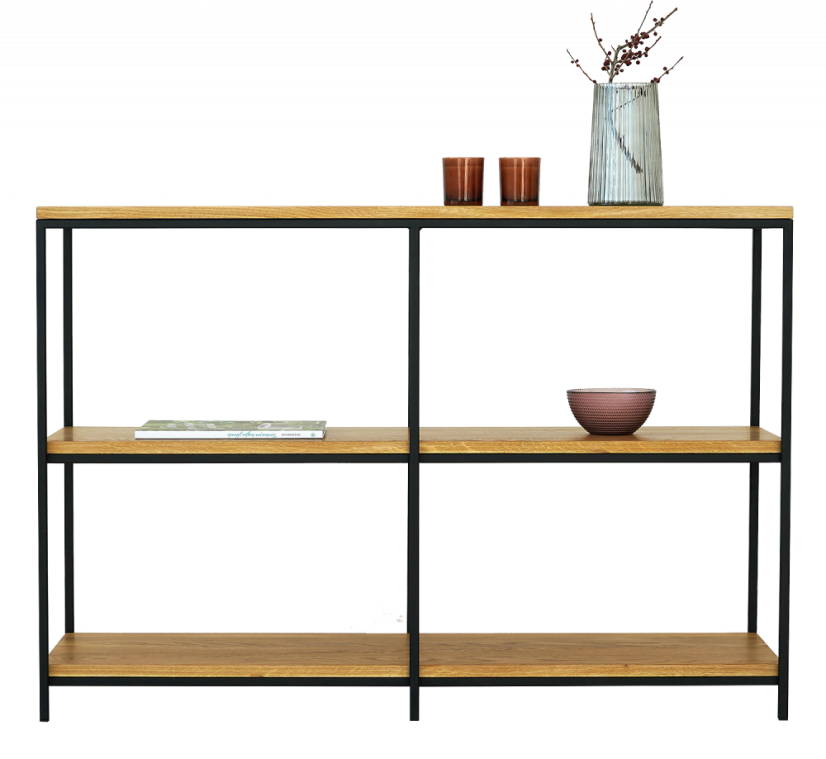 Kovový regál Trio s masivními dubovými deskami