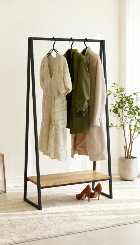 Kovový stojan na oblečenie Vito s masívnou dubovou doskou