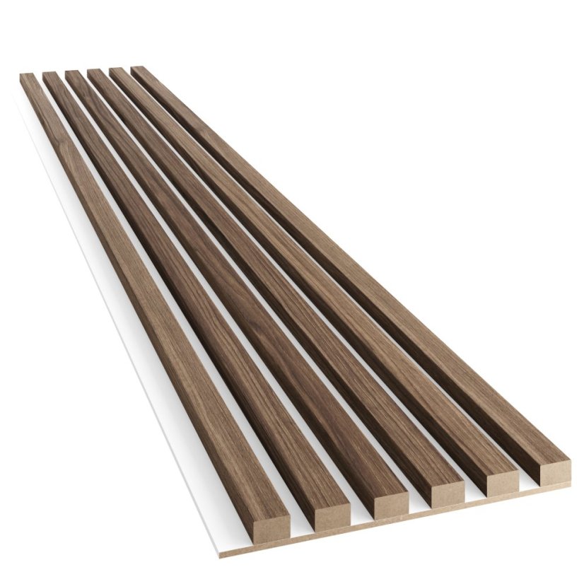 Akustický panel, podklad bílá MDF deska, úzká lamela, ořech, 30x275 cm