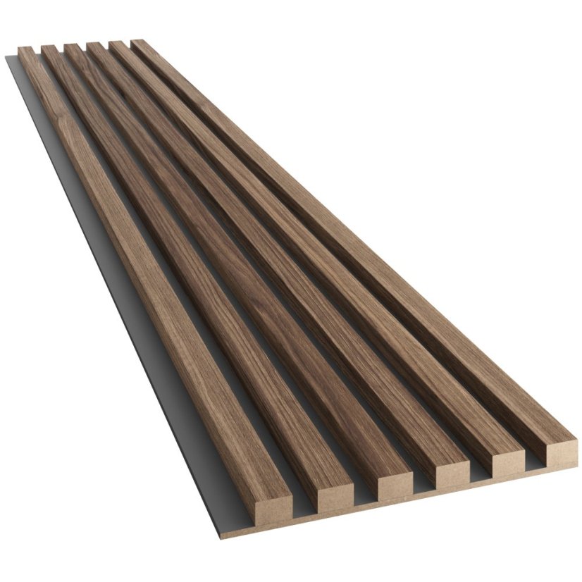 Akustický panel, podklad MDF deska, úzká lamela, ořech, 30x275 cm