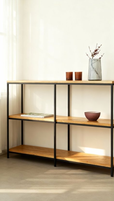 Kovový regál Trio s masívnymi dubovými doskami