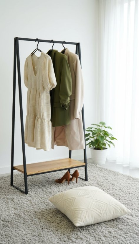 Kovový stojan na oblečenie Vito s masívnou dubovou doskou