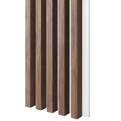 Akustický panel, podklad bílá MDF deska, široká lamela, dýha Americký ořech, 30x275 cm