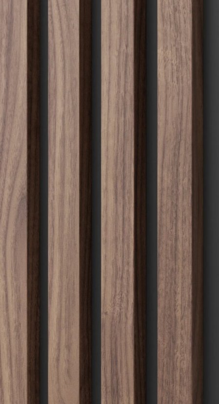Akustický panel, podklad černá MDF deska, úzká lamela, dýha Americký ořech, 30x275 cm