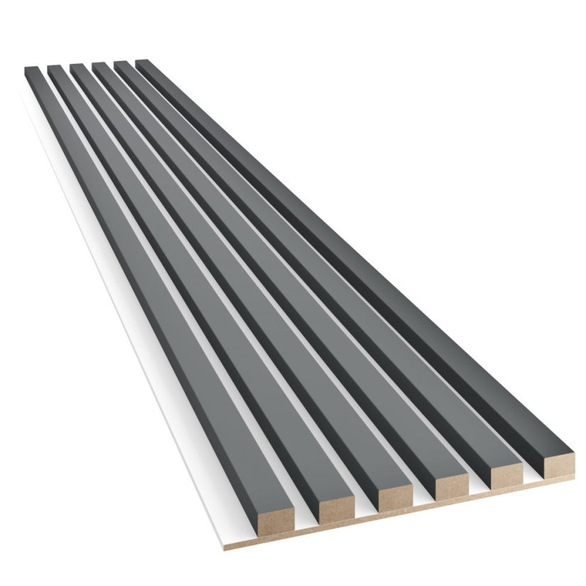 Akustický panel, podklad bílá MDF deska, úzká lamela, grafit, 30x275 cm