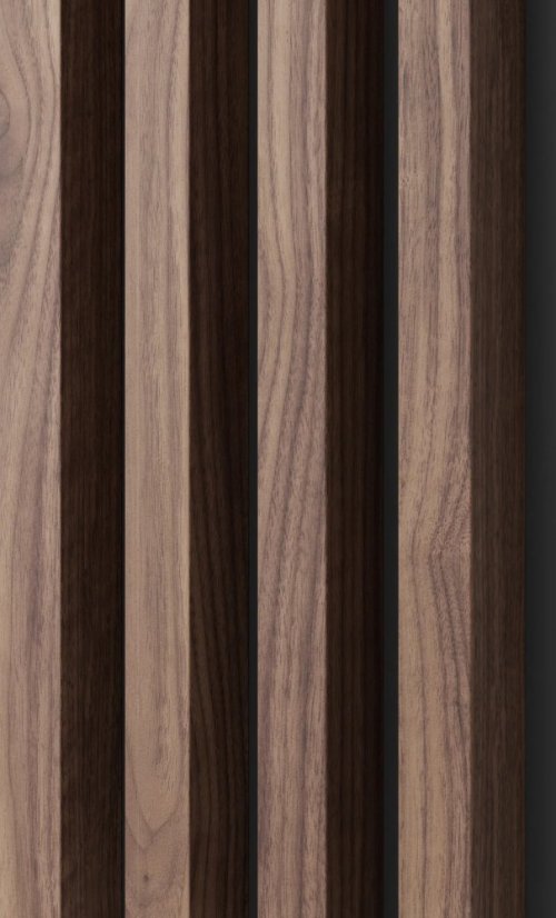 Akustický panel, podklad MDF deska, široká lamela, dýha Americký ořech, 30x275 cm