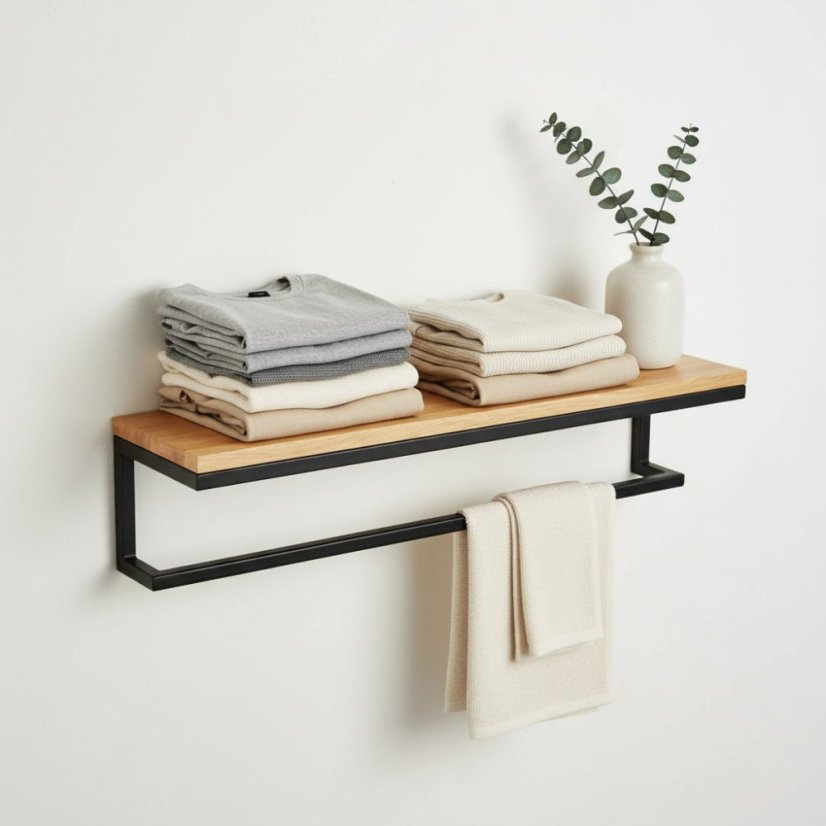 Nástenná polica s dubovou masívnou doskou do šatní a kúpeľní