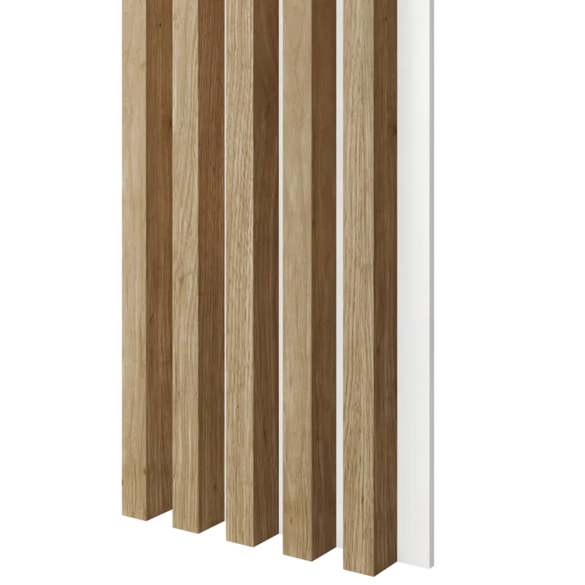 Akustický panel, podklad bílá MDF deska, široká lamela, dub Natura, 30x275 cm